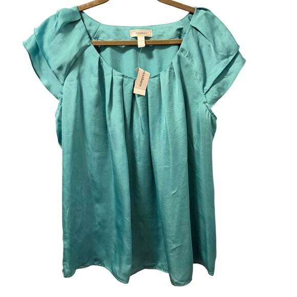 Dressbarn Womens blouse 1X Aqua Blouse With Pleated Scoop Neckline & Cap Sleeves - Picture 5 of 11